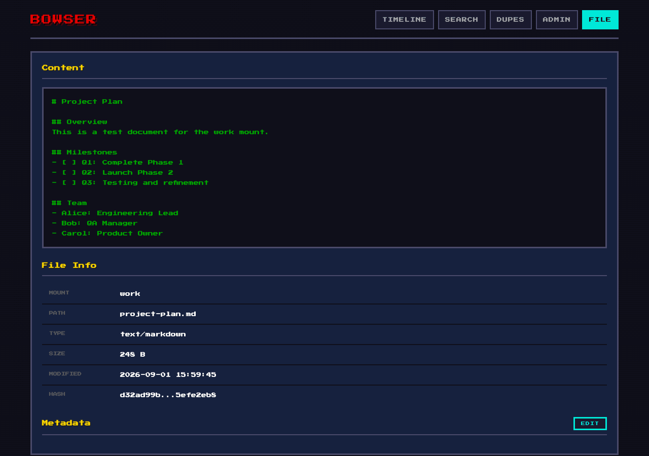 bowser file detail: rendered content, file info table, metadata section