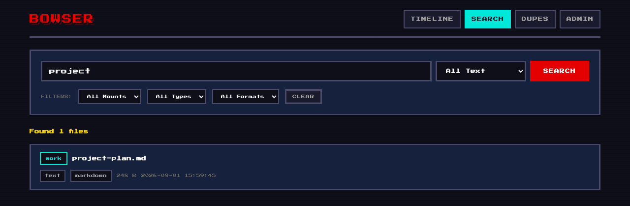 bowser search page: query box, filters, one result