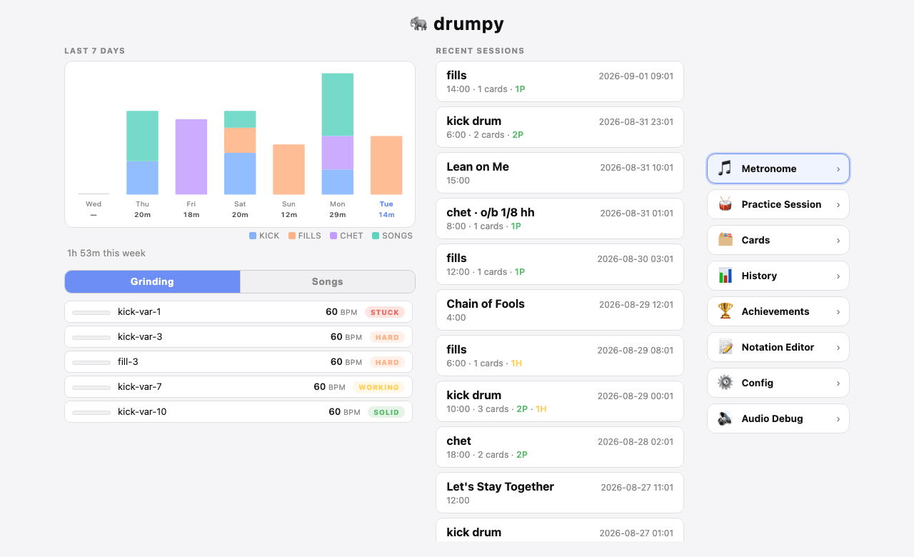 drumpy dashboard: weekly practice chart, grinding cards, recent sessions