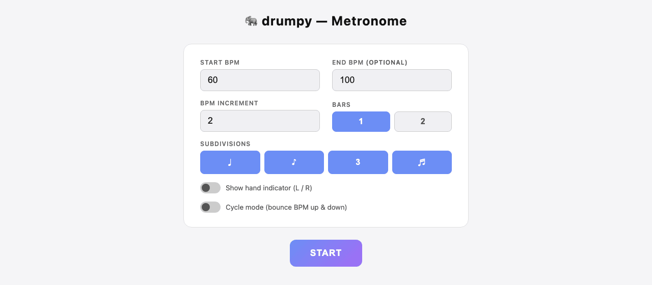 drumpy metronome: BPM ladder, bars, subdivisions