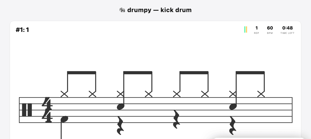 drumpy practice screen: kick-drum card with live notation, rep and BPM counters, time left