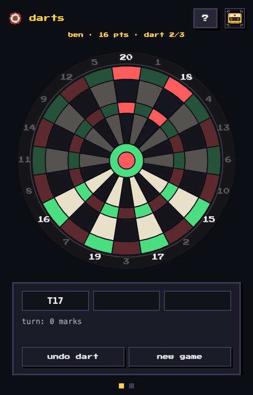 lifecast darts scorer mid-game: pixel-art dartboard, cricket marks, turn panel