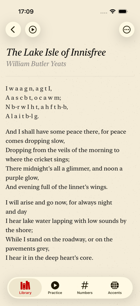 mnemoverse: The Lake Isle of Innisfree with the first verse flipped to its first-letter mnemonic